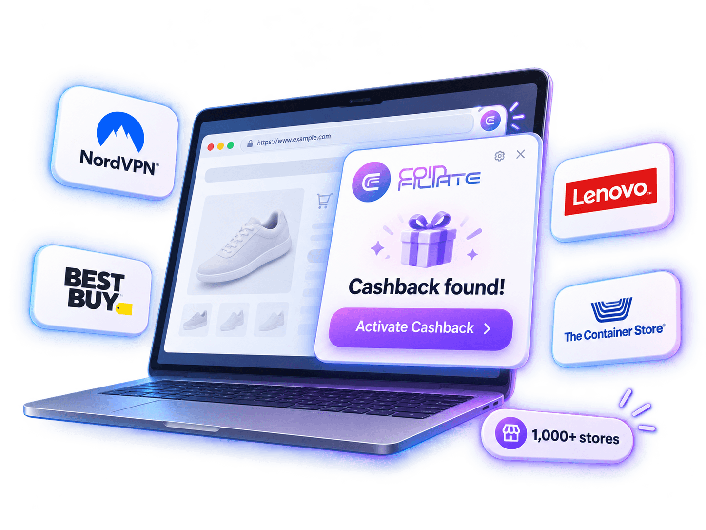 Coinfiliate cashback browser extension shown with sample partner shops NordVPN, Lenovo, Best Buy, and The Container Store